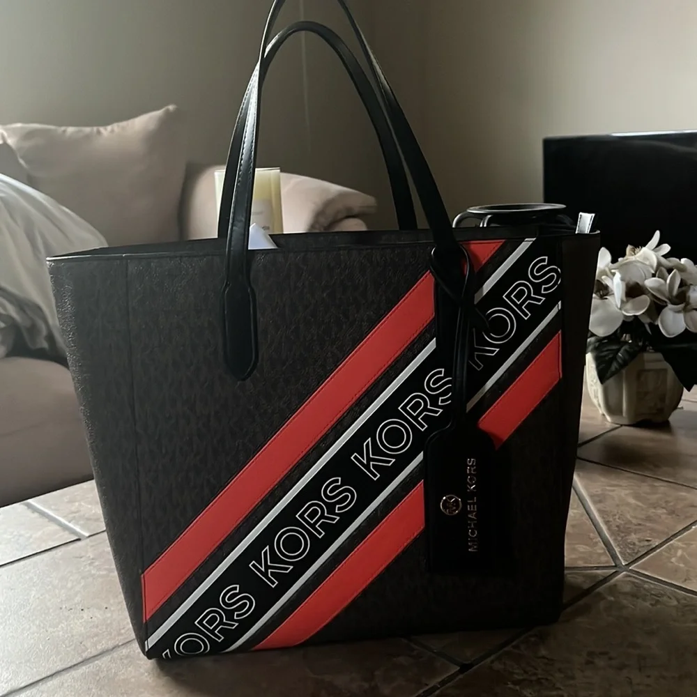 Michael Michael Kors Brown/Black/Orange Large Sinclair Logo Tape Tote - Picture 4 of 12